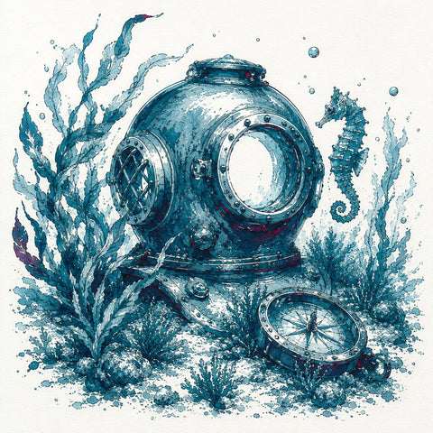 A stylized underwater ink illustration featuring a vintage metal diving helmet, a detached compass, seaweed, bubbles, and a seahorse on an off-white background.