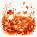 Ink wash illustration of a sleeping fox curled among orange autumn leaves, with a lantern on the left, on a plain light background.