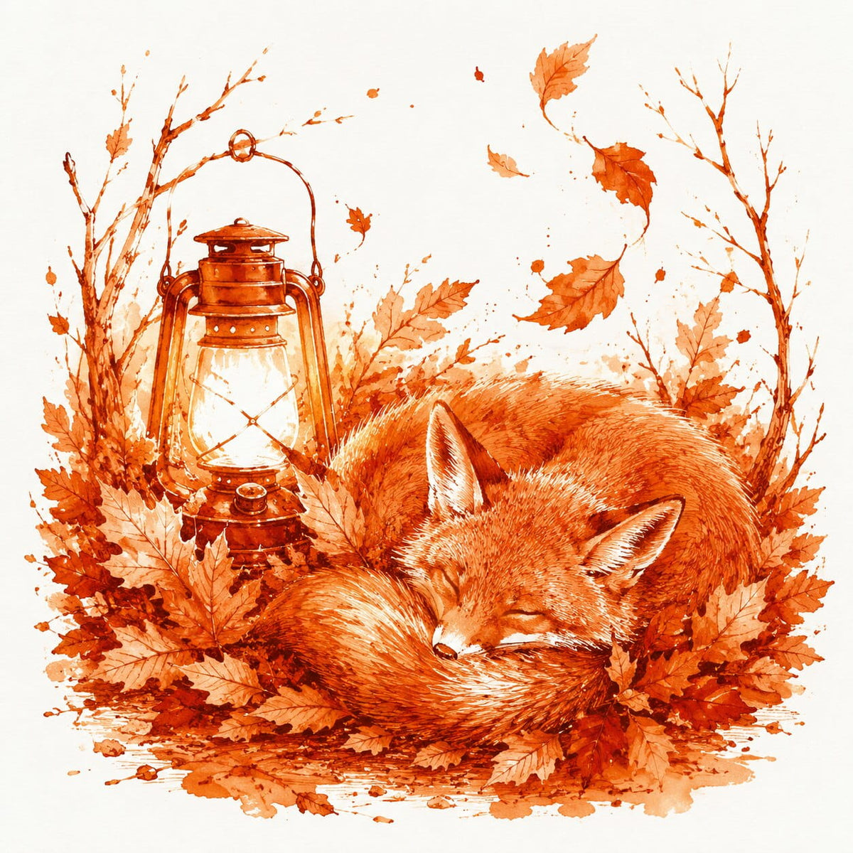 Ink wash illustration of a sleeping fox curled among orange autumn leaves, with a lantern on the left, on a plain light background.