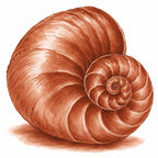 Molten bronze ink illustration of a large spiral seashell with layered shading