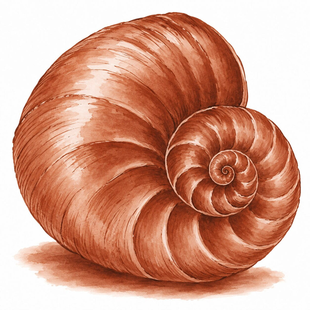 Molten bronze ink illustration of a large spiral seashell with layered shading