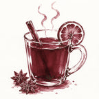 Ink wash illustration of a glass mug filled with a dark red beverage, with a cinnamon stick, a citrus slice garnish, steam lines, and star anise on a white background.